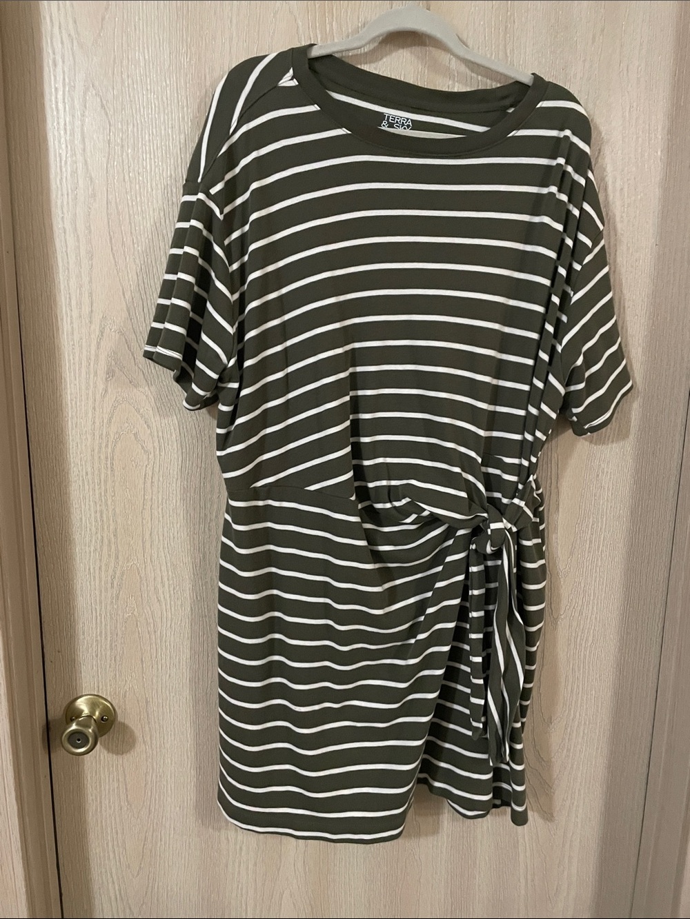 Terra & Sky Olive Green and White Striped Tie-Detail Mini Dress